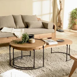 Swing Tables Basses Gigognes|Tables Basses Industrielles|Table basse gigogne ronde et ovale teck / métal (lot de 2)