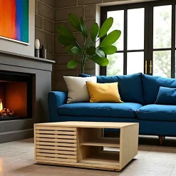 New Orléans Tables Basses Carrées|Table basse Hévéa 4 portes coulissantes Persiennes 100x100x45cm NEW ORLEANS