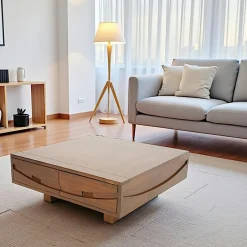 Niagara Tables Basses Carrées|Tables Basses À Tiroirs|Table basse Hévéa 4 tiroirs 90x90x35cm