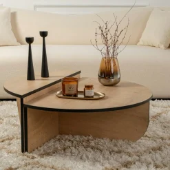 MARFA Tables Basses Rondes|Tables Basses Gigognes|Table basse moderne effet bois ruban noir - 2 hauteurs
