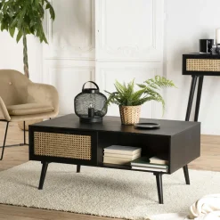 PALMA 2 Tables Basses À Tiroirs|Table basse noire avec cannage