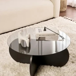 SALTA Tables Basses En Verre|Tables Basses Rondes|Table basse noire plateau verre – pied croix effet bois