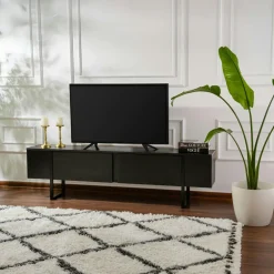 SALTA Tables Basses En Verre|Tables Basses Rondes|Table basse noire plateau verre – pied croix effet bois