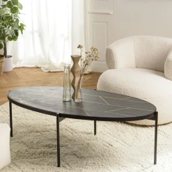 BIHAR Tables Basses Industrielles|Table basse ovale bois effet pierre rouille