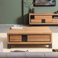 ARAD Tables Basses À Tiroirs|Table basse pin brossé carrés noirs