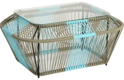 Tables Basses En Verre|Table basse rectangulaire en métal et verre, turquoise et naturel 88x60x40cm