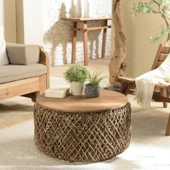 Swing Tables Basses Rondes|Table basse ronde 70 cm fibre tressée et bois