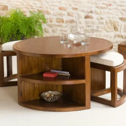 Lola Tables Basses Rondes|Table basse ronde 2 tabourets avec coussins D90cm