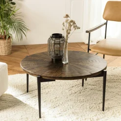 KORKAI Tables Basses Rondes|Table basse ronde bois recyclé motif éventail 80 cm
