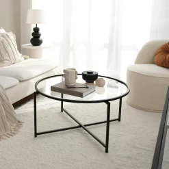 TULUM Tables Basses En Verre|Tables Basses Rondes|Table basse ronde design - verre fumé & métal doré