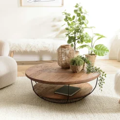 Swing Tables Basses Scandinaves|Tables Basses Rondes|Table basse ronde double plateaux en teck recyclé et métal noir D100xH35cm