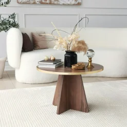 MARFA Tables Basses Rondes|Table basse ronde effet travertin & pieds trapèze