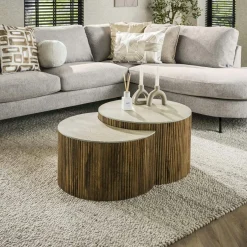 ASCOLI Tables Basses Gigognes|Table basse ronde en bois de manguier et céramique (lot de 2)