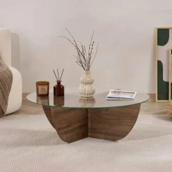 SALTA Tables Basses En Verre|Tables Basses Rondes|Table basse ronde en verre pied croisé effet noyer