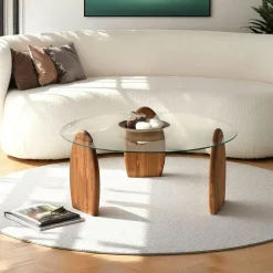 ANZIO Tables Basses En Verre|Tables Basses Rondes|Table basse ronde en verre - 3 pieds bois brun