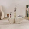 SALTA Tables Basses En Verre|Tables Basses Rondes|Table basse ronde en verre pied croisé effet travertin