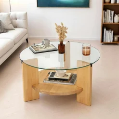 ANZIO Tables Basses En Verre|Tables Basses Rondes|Table basse ronde en verre et bois clair - 2 plateaux