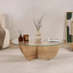 SALTA Tables Basses En Verre|Tables Basses Rondes|Table basse ronde en verre pied croisé effet bois noir