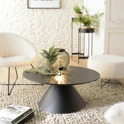 CORUMBA Univers Déco·Design Contemporain|Tables Basses Rondes|Table basse ronde pied cône bois et métal 78 cm