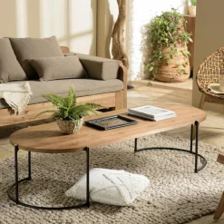 Swing Tables Basses Rondes|Tables Basses Industrielles|Table basse ronde plateau teck recyclé avec rebord 76,5 cm