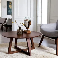 LILLEHAMMER Tables Basses Rondes|Table basse ronde style vintage - pieds croisés, finition noyer