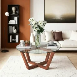 ANZIO Tables Basses En Verre|Tables Basses Rondes|Table basse ronde verre et bois brun - pieds croisés