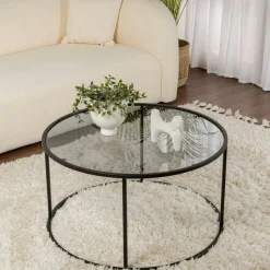 TULUM Tables Basses En Verre|Tables Basses Rondes|Table basse ronde verre fumé – cadre noir ⌀80 cm
