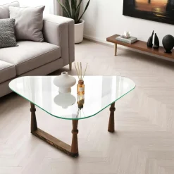 BOMA Tables Basses En Verre|Table basse verre - forme triangle, pied bois sculpté