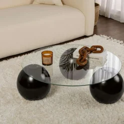 KOCHI Tables Basses En Verre|Table basse verre ambré bords arrondis - 4 pieds noirs