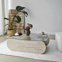 SALTA Tables Basses En Verre|Table basse verre base luge effet travertin avec niche