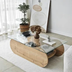SALTA Tables Basses En Verre|Table basse verre, base luge effet bois avec rangement
