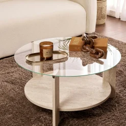 SALTA Tables Basses En Verre|Tables Basses Rondes|Table basse verre double plateau - effet chêne