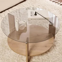 SALTA Tables Basses En Verre|Tables Basses Rondes|Table basse verre double plateau - effet chêne