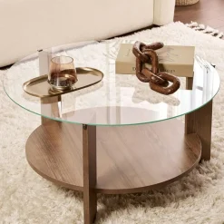 SALTA Tables Basses En Verre|Tables Basses Rondes|Table basse verre double plateau - effet bois de noyer