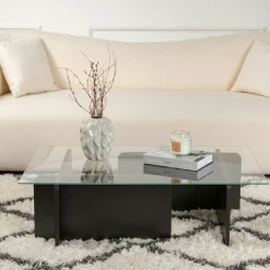 SALTA Tables Basses En Verre|Table basse verre déstructurée – base effet bois noir