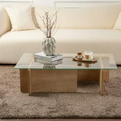 SALTA Tables Basses En Verre|Table basse verre déstructurée – base effet chêne clair