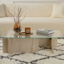 SALTA Tables Basses En Verre|Table basse verre déstructurée – base effet travertin