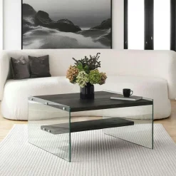 LHASA Tables Basses En Verre|Tables Basses Carrées|Table basse verre et bois - plateaux gris suspendus,