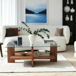 LHASA Tables Basses En Verre|Table basse verre et bois brun - 2 plateaux