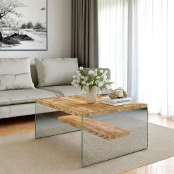 LHASA Tables Basses En Verre|Tables Basses Carrées|Table basse verre et bois - plateaux clairs suspendus