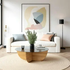 ANZIO Tables Basses En Verre|Tables Basses Rondes|Table basse verre fumé – pied croix bois clair, 90 cm