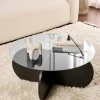 SALTA Tables Basses En Verre|Tables Basses Rondes|Table basse verre fumé - pied en croix effet bois noir