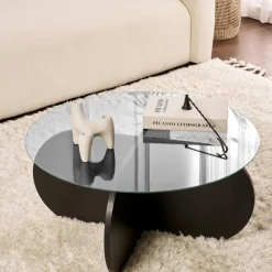 SALTA Tables Basses En Verre|Tables Basses Rondes|Table basse verre fumé - pied en croix effet bois noir