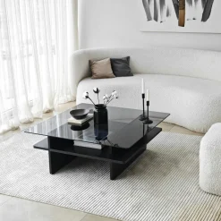 SALTA Tables Basses En Verre|Tables Basses Carrées|Table basse verre fumé carrée, base noire