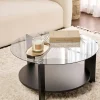 SALTA Tables Basses En Verre|Tables Basses Rondes|Table basse verre fumé double plateau - effet bois noir