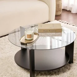 SALTA Tables Basses En Verre|Tables Basses Rondes|Table basse verre fumé double plateau - effet bois noir