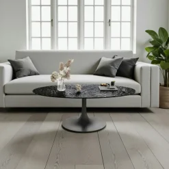 LIGURIE Tables Basses En Verre|Table basse verre ondulé noir ovale, pied tulipe