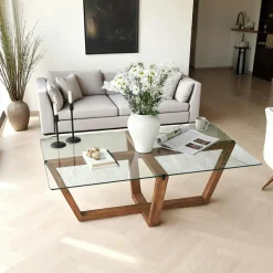 LHASA Tables Basses En Verre|Table basse verre trempé - pied croisé en bois brun