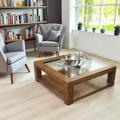 Helena Tables Basses Carrées|Table basse vitrée hévéa 80X80xm