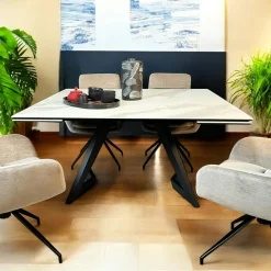 LOMBARDIE Tables À Manger En Céramique|Tables À Manger Extensibles|Table carrée extensible en céramique marbrée anthracite 140-220 cm